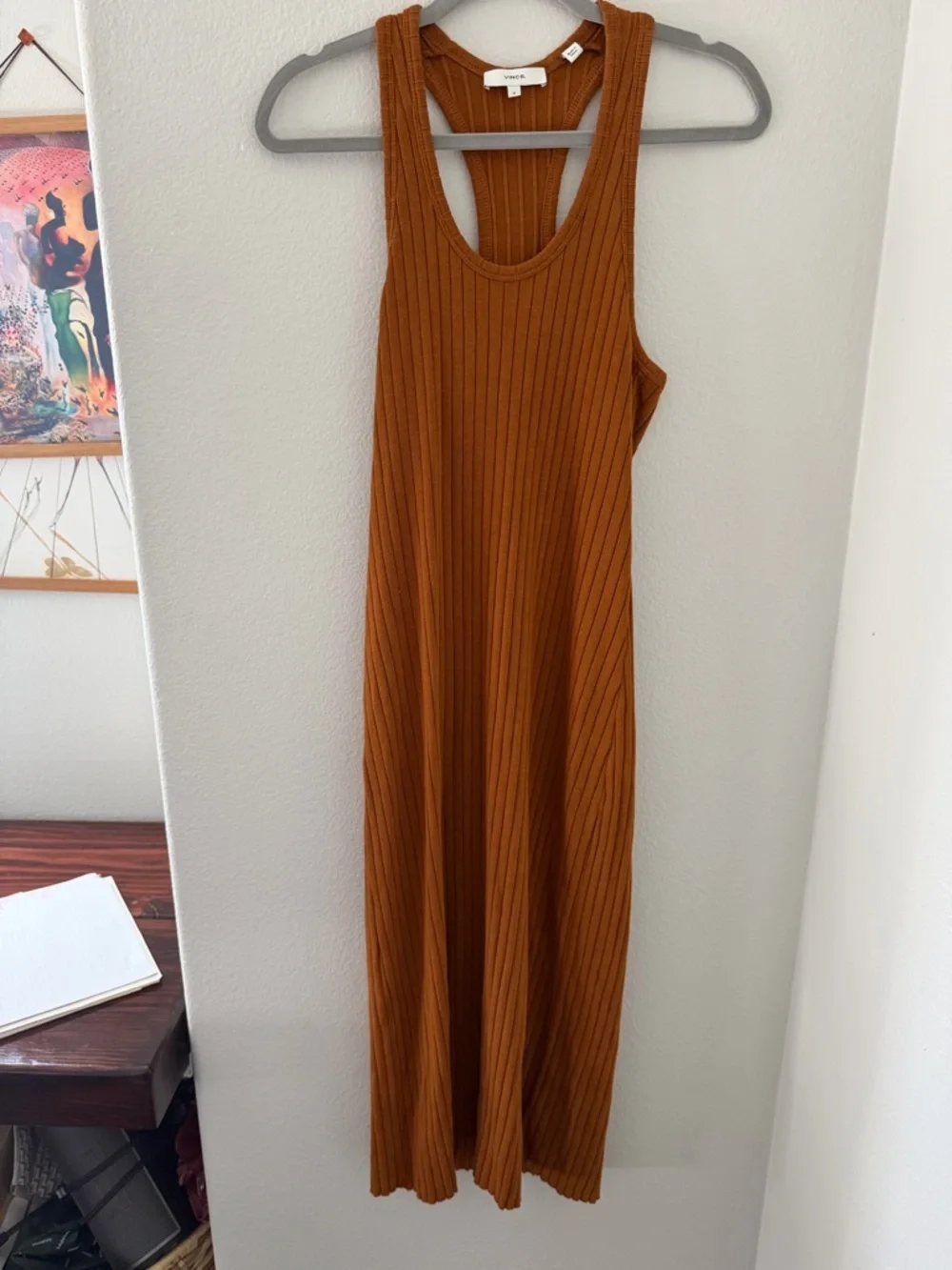 Vince Rust Ribbed Racerback Tank Midi Cotton Blend Dress Size M